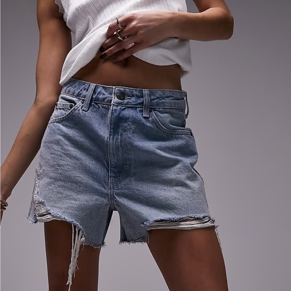 Topshop Blue Jean Shorts High-Waisted Frayed